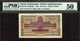 Straits Settlements 10 Cents 1919 Pick - 8b About Unc Pmg 50 (previously Mounted)