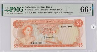 Pmg Gem 66 Epq Bahamas 5 Dollars $5 1974 (p - 37a)