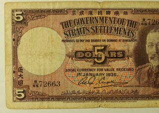 1935 Government of the Straits Settlements Five Dollar Note $5 3