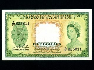 Malaya And British Borneo:p - 2,  5 Dollars,  1953 Queen Elizabeth Ii Ef - Au