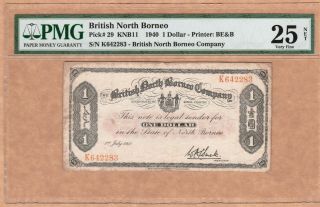 British North Borneo $1 Dollar (1940) P29 Pmg 25 Net,  Very Fine