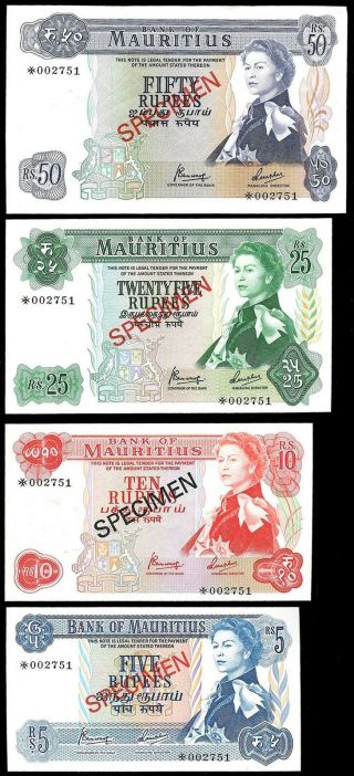 Nd 1967 Specimen Mauritius 50,  25,  10,  5 Rupees Notes Set Choice Unc P 30s - 33s