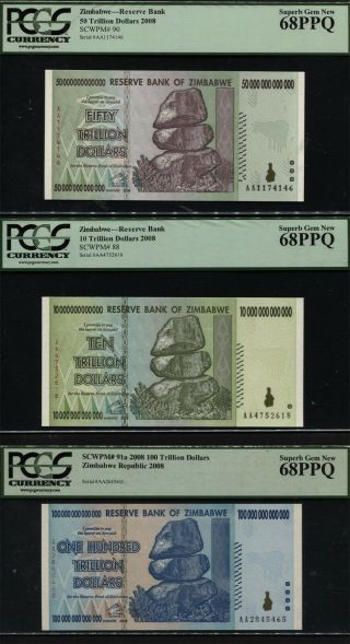 Tt Pk 88,  90 & 91 2008 Zimbabwe 10,  50 & 100 Trillion Set Of 3 Notes Pcgs 68 Ppq