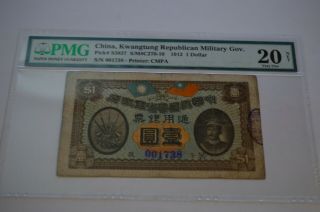 Rare China 1 Dollar 1912 P S3837 Pmg 20 Net Kwangtung Rep.  Military Gov.