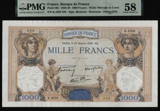 Tt Pk 90c 1938 - 40 France Banque 1000 Francs Pmg 58 Choice Au Oversize Beaut