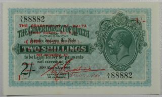Malta,  1 Shilling On 2 Shillings,  1918 (1940).  P - 15.  Gem Unc Epq