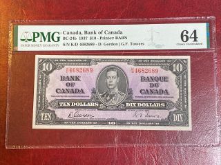 Canada 10 Ten Dollar 1937 Banknote 61b/bc - 24b Pmg Unc 64