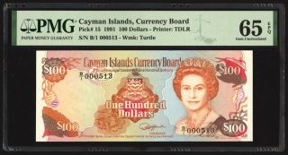 Cayman Islands 100 Dollars 1991 P15 Pmg Gem Uncirculated 65 Epq Low Serial