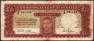 Nd (1942) Australia £10 Pounds Banknote V/8 741155 G - Vg P - 28b