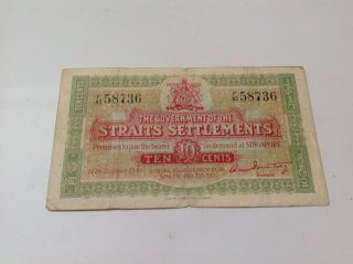 Straits Settlements 10 Cents,  1919,  British Colonial Currency Note Singapore Pf1