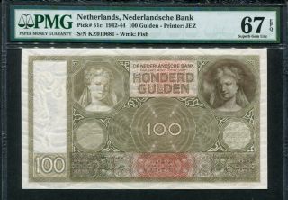 Netherlands 1942 - 1944,  100 Gulden,  P51c,  Pmg 67 Epq Gem Unc