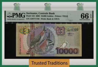 Tt Pk 153 2000 Suriname Centrale Bank 10000 Gulden Bird Pmg 66 Epq Gem Unc