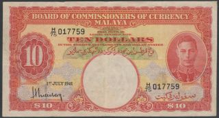 Malaya 10 Dollars 1941,  Vf,  Pick 13
