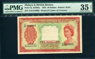 Malaya & British Borneo 1953,  10 Dollars,  916868,  P3a,  Pmg 35 Net Vf
