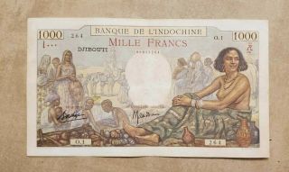 Djibouti France Coloni Banknote 1000 Francs Woman Seated 1938 Serial O.  1