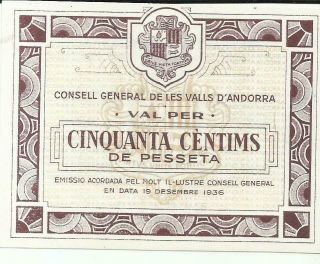Andorra 50 Cents Centims 1936 P 5.  Unc.  8rw 04des