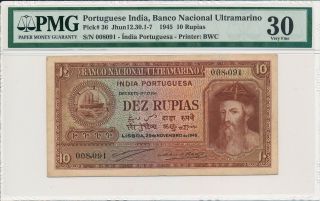 Banco Nacional Ultramarino Portuguese India 10 Rupias 1945 Pmg 30