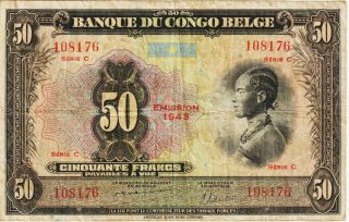 Belgian Congo 50 Francs Banknote Emission 1943 Vf/choice Fine P 16 - B