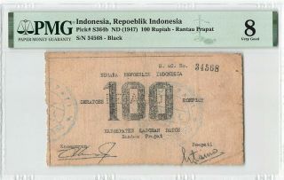 Indonesia 100 Rupiah Roepiah 1947 Rantau Prapat Pick S364b Pmg Very Good 8