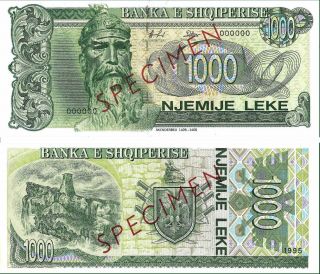 Albania Banknote Specimen Paper Money,  1000 Leke 1995.  Unc