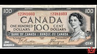 1954 Bank Of Canada 100$ Devil Face Beattie/coyne A/j2381603 - Vf35 -