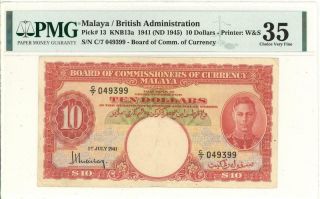 Malaya $10 Dollars Currency Banknote 1941 Pmg 35 Choice Vf