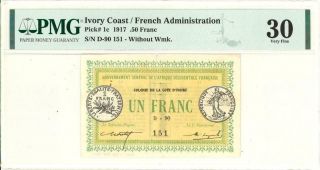 Ivory Coast 1 Franc Banknote 1917 Pmg 30 Vf