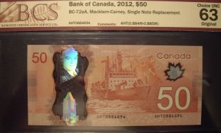 Canada 2012 Bc - 72aa $50 Snr Replacement Aht0884694 - Bcs Chunc - 63