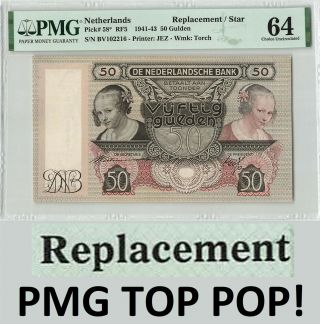 Netherlands 50 Gulden 1941 Replacement Pick 58 Pmg Choice Unc 64 Top Pop
