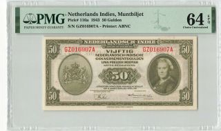 Netherlands Indies 50 Gulden 1943 Indonesia Abnc Pick 116 Pmg Choice Unc 64 Epq