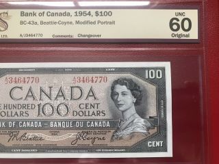 1954 Bank Of Canada $100 Banknote Bcs Unc60