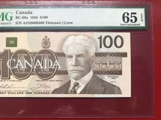 Low Serial Number 1988 Bank Of Canada $100 Banknote Pmg Gem Unc65 Epq