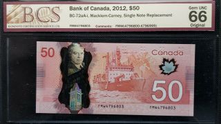 Bank Of Canada 2012 $50 Bc - 72aa - I Macklem - Carney Single Note Replacement Gem 66