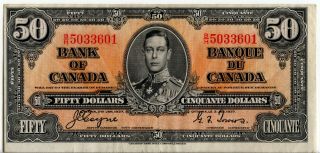 Bank Of Canada 1937 $50 Fifty Dollars Coyne - Towers B/h Prefix Good Vf,