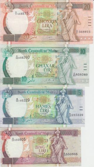 Malta Banknote P45 - 48,  Complete Set 2 - 5 - 10 - 20 Liri 1994,  Ef