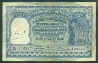 India 100 Rupees 1949 Rama Rau Sign 72 - P.  41a Serial 159227