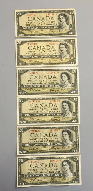 6 X 1954 - Canadian $20 Dollar Bill Circulated Bank Note Bills