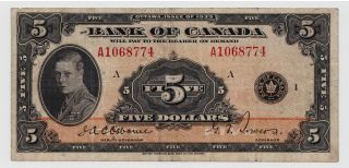 Canada 5 Dollars 1935 P.  42 Sign.  Osborne - Towers A Prefix Fine