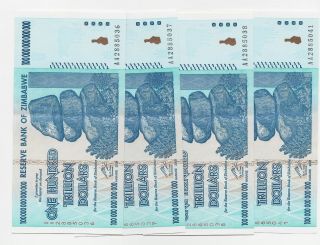 4 X Zimbabwe 100 Trillion Dollars 2008,  Series Aa,  Circulated