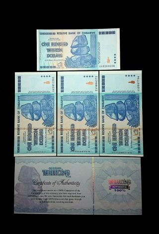 4 Unc 2008 Zimbabwe 100 Trillion Dollar Note Aa P91 (1) Is Za Star