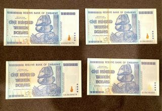 4 Notes 100 Trillion Zim Bond Dollar 2008 Zimbabwe Currency Aa Unc - Fast Ship