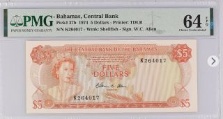 Pmg 64 Epq Bahamas 5 Dollars $5 1974 (p - 37b)