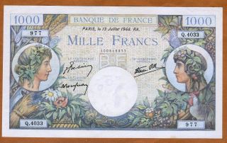 France,  1000 Francs,  13 - 7 - 1944,  Pick 96 (96b),  Wwii,  Ch.  Unc