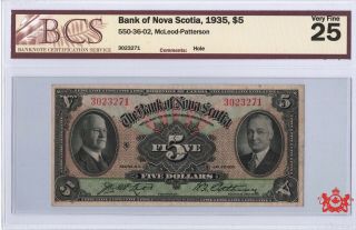1935 The Bank Of Nova Scotia 5$ 3023271 - Bcs Vf25 - Undergraded