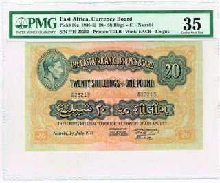 East Africa: 20 Shillings = 1 Pound 1.  7.  1941 Pick 30a.  Pmg Choice Very Fine 35.
