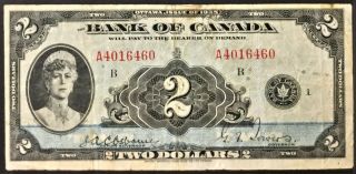 1935 Bank Of Canada $2–bc - 3 - " English " Serial A4016460 Check Letter B - 36335
