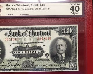 1923 Bank Of Montreal $10 Banknote Bcs Graded Ef40: Large Banknote