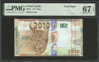 Spain Fnmt Lince Iberico 2010 - Pmg 67 - Test Note - Test Banknote Unc