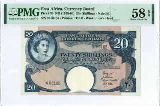 East Africa 20 Shillings P39 1958 Pmg 58 Epq S/n N68105 Queen Elizabeth Ii