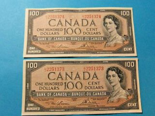 2 Consecutive 1954 Bank Of Canada 100 Dollar Notes